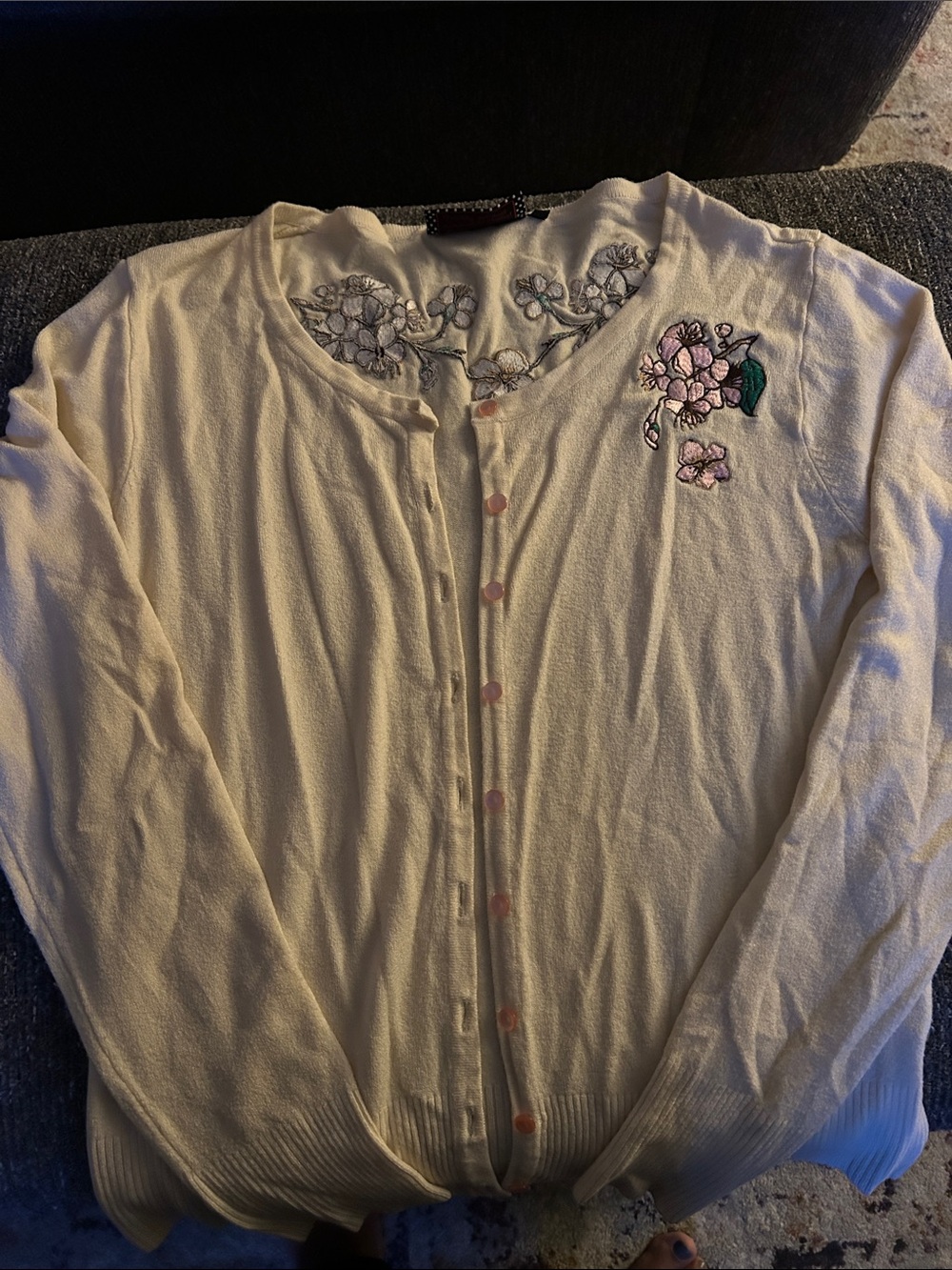 Voodoo Vixen Cream Cardigan with Pink Floral Embroidery